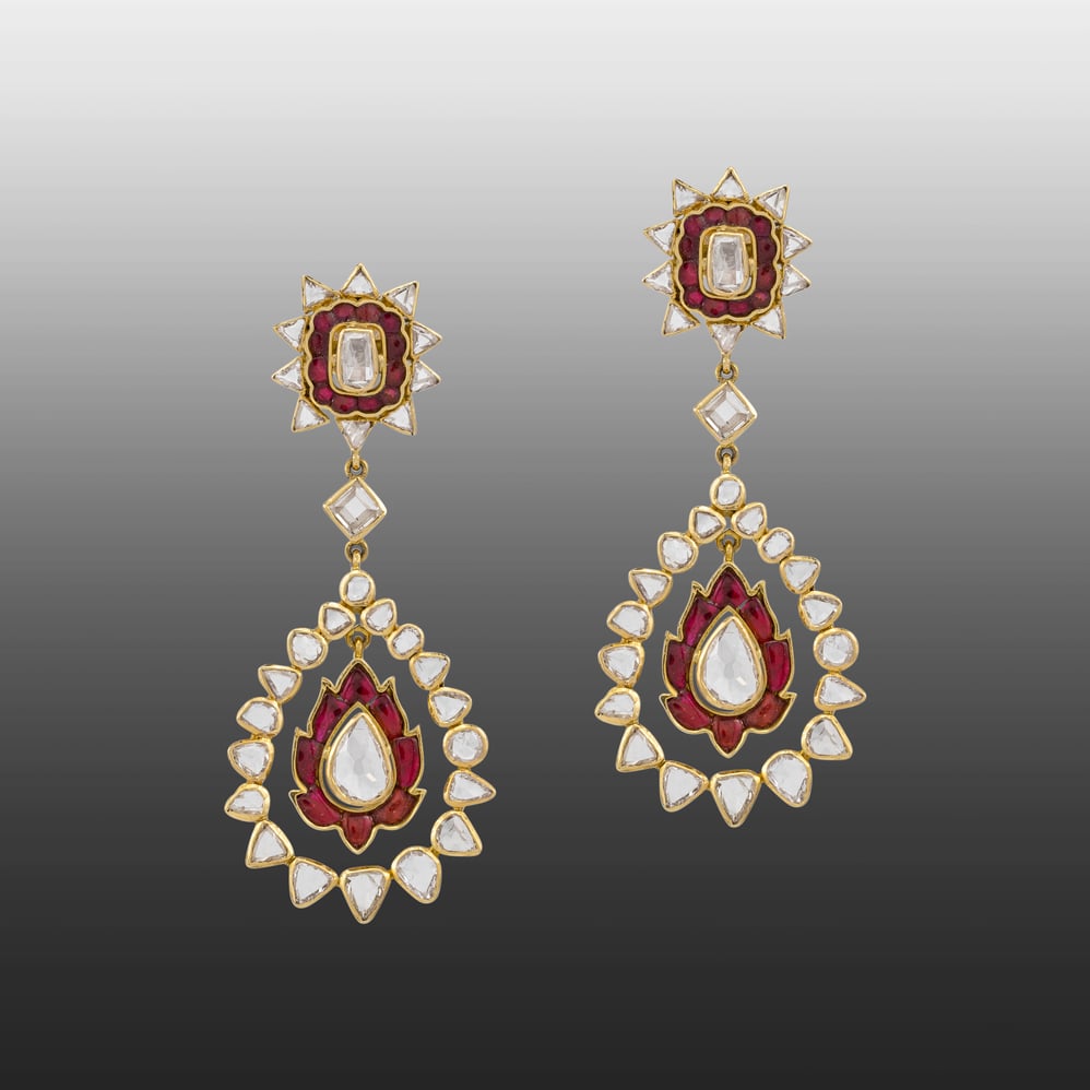 Red Talaf Rosecut Polki Drop Earrings